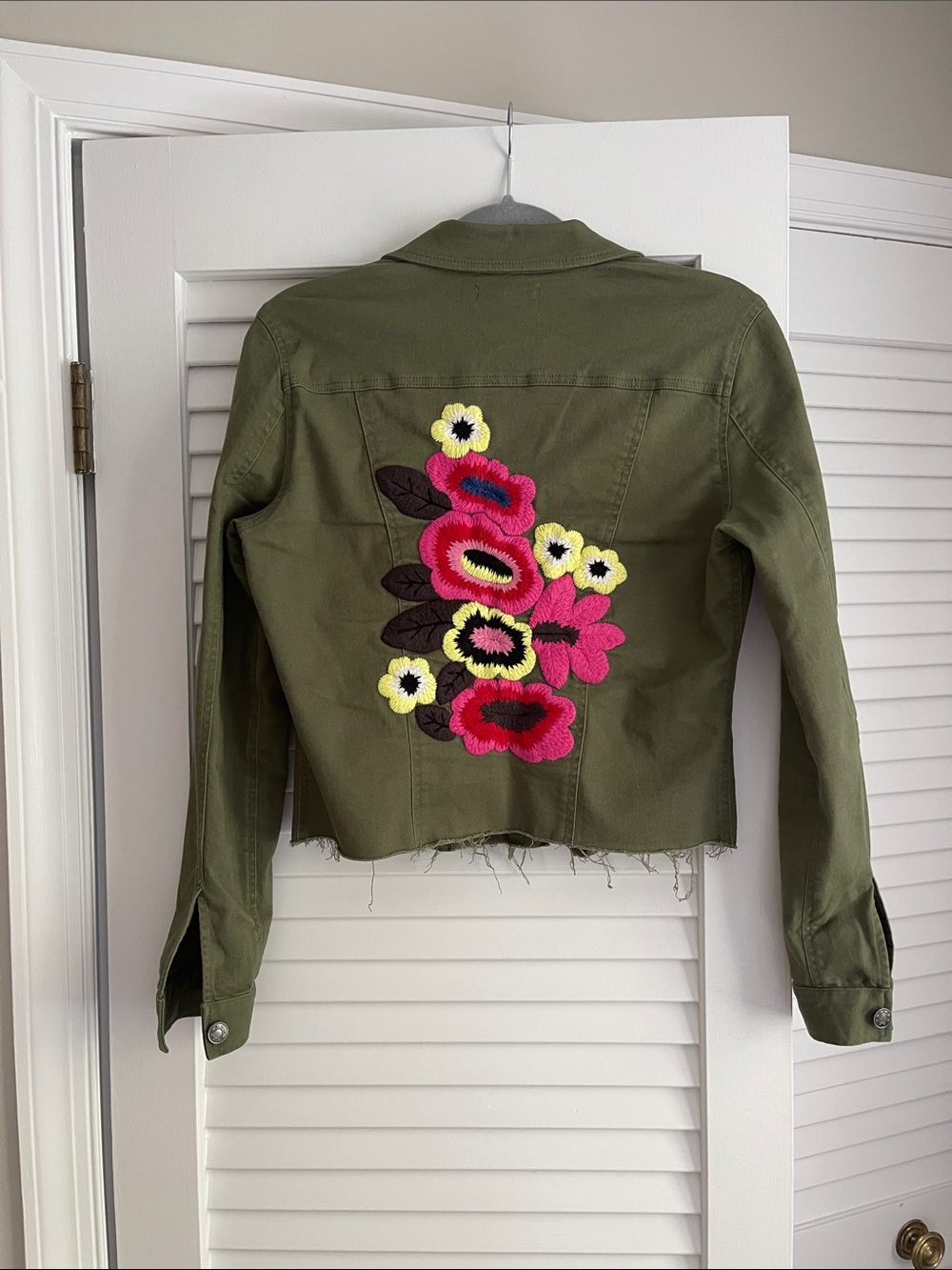 Olive Green Cropped Jean Jacket with Pink & Yellow Floral Appliqué